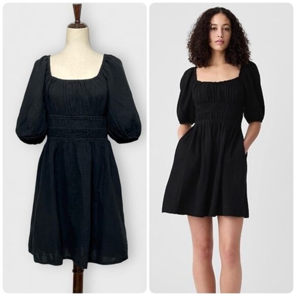 GAP Puff Sleeve Smocked Mini Dress Size L Black Scoop Neck Cotton Gauze Pockets - Picture 1 of 7